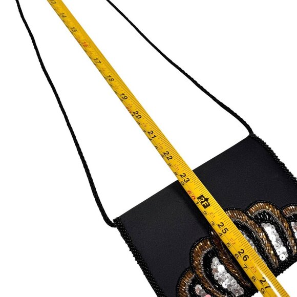 VTG Small Evening Bag Black Satin Embellished Beaded Sequins Event Glam - Picture 9 of 10